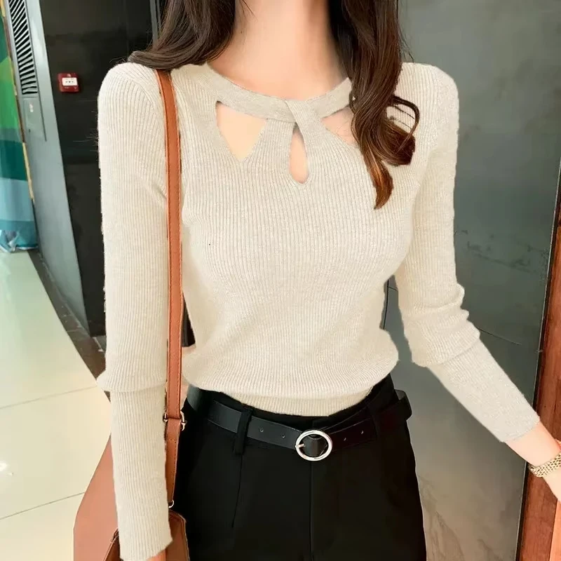 Autumn and Winter New Cross Hollow Round Neck Knitted Sweater Women's Long Sleeved Pullover Casual Slim Fit Bottom Top 16639