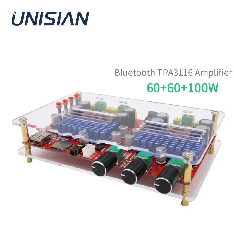 Unisian-amplificador de Áudio Bluetooth Placa de Amplificadores de Potência Digital tf Usb Aux com Acrílico Shel 2.1 Canais Tpa3116d2 2*60w 100w
