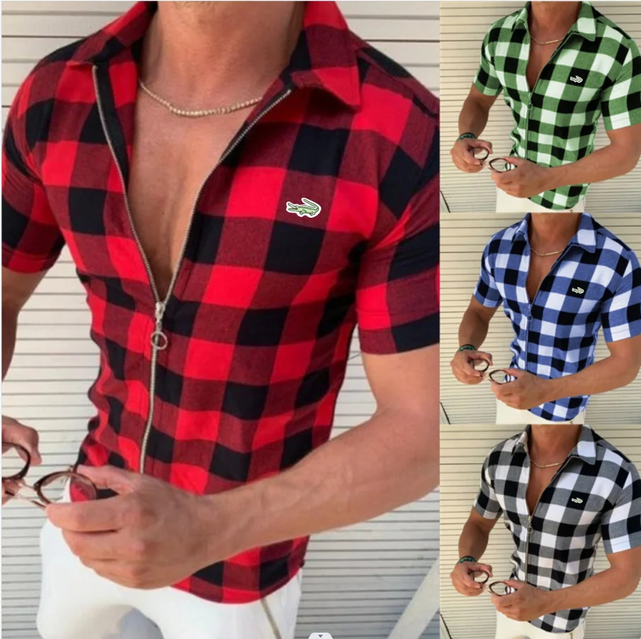 

2023 European and American Lapel Plaid Printed Shirt Men's Slim Fitting Fashion Zippered Cardigan Short Sleeved Shirt Cartelo