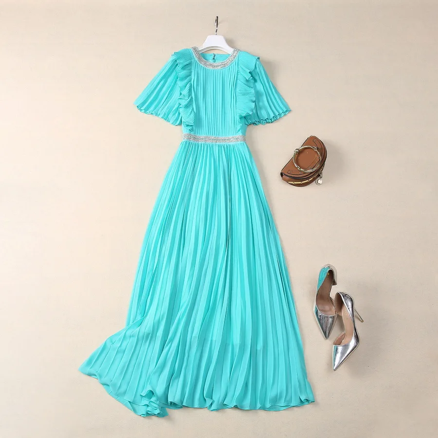 

Женская одежда в европейском и американском стиле, Новинка лета 2024, модное плиссированное платье с короткими рукавами, круглым вырезом и деревянными ушками, XXL