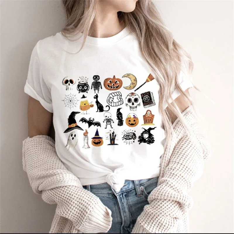 

Женская футболка с изображением тыквы и милого черепа, одежда для Хэллоуина, осени, Дня благодарения, футболка с мультяшным принтом, Женский Топ, футболка с графическим рисунком