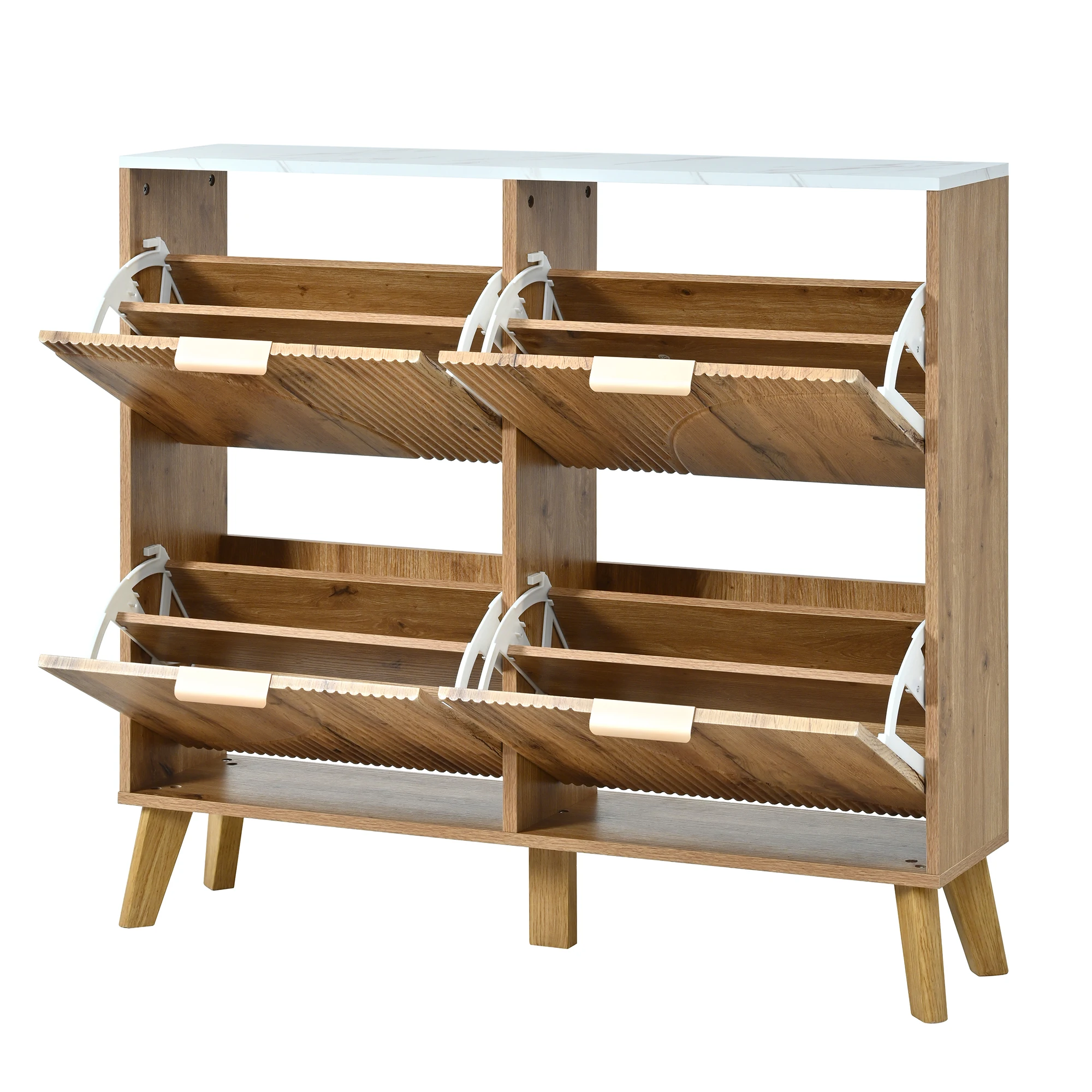 Schuhschrank mit Scharnierdeckel in Holzoptik, vier Türen, großes Fassungsvermögen, Arbeitsplatte in Marmoroptik, 3D-geprägte Türpaneele, konisch zulaufend – Detail 21