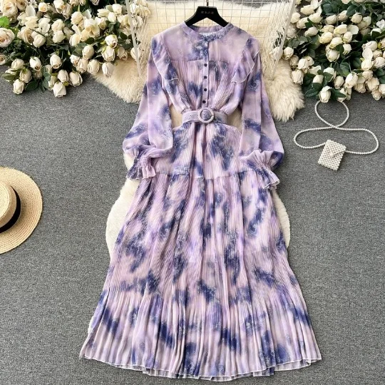 Women Spring Summer Dress French Dress 2024 New Design Sense Irregular Tie Dye Slim Fit Long Swing Chiffon Holiday Dress