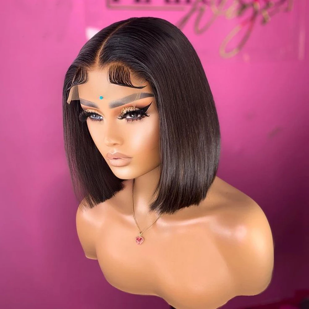 

Soft Natural Black 180 Density Short Bob Silky Straigh Lace Front Wig 180% Density For Black Women With Baby Hair Glueless Daily