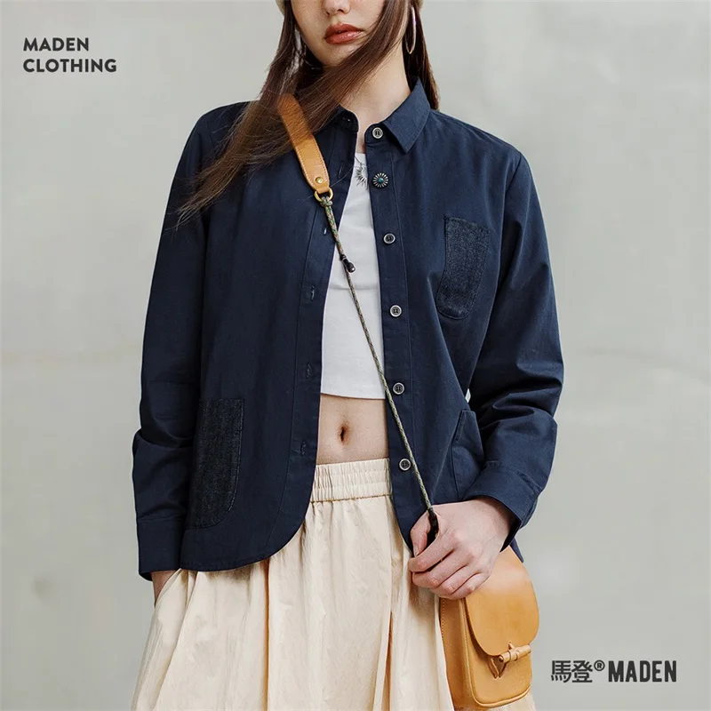 Maden Denim Pocket Patchwork Shirt for Women Long-sleeved Casual Jacket Navy Blue Cotton Shirt Fall Blouses Streetwear Tops 1