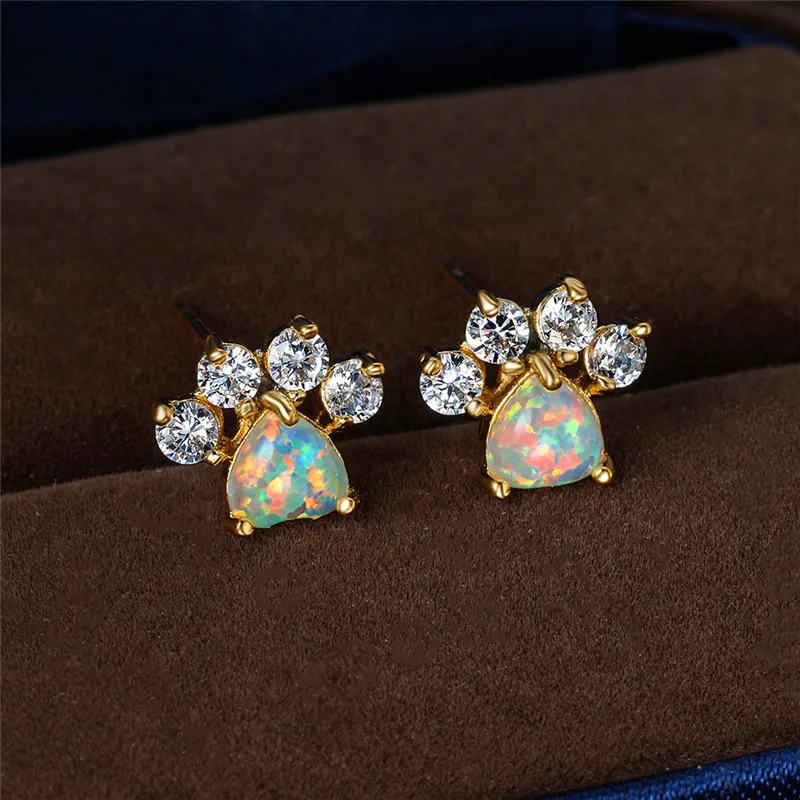 Cute Female Small White Crystal Zircon Stud Earrings Fashion Blue Opal Heart Wedding Jewelry For Women