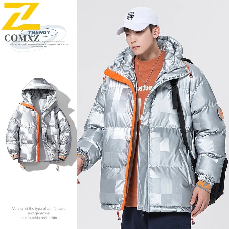 Men's PU Leather Hooded Puffer Jacket Winter  Streetwear Coat Windproof Water-Resistant American Style Thickened Warm Outerwear