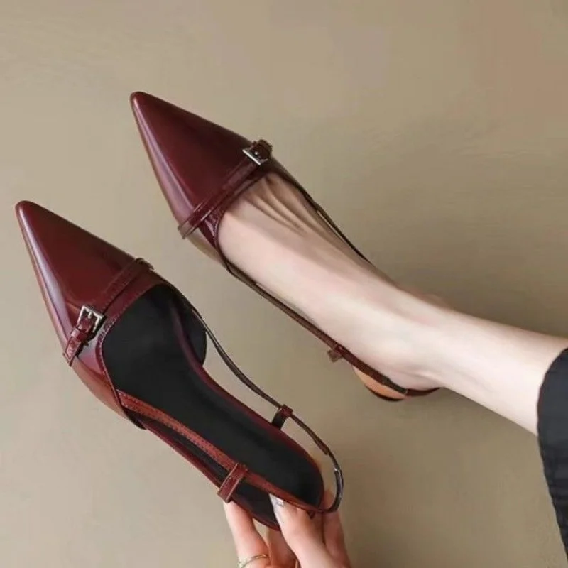 �​2025 French Pointed Sandals Burgundy Patent Crisscross Straps Metal Decor Slim Heel Open-Back Fairy Sandals