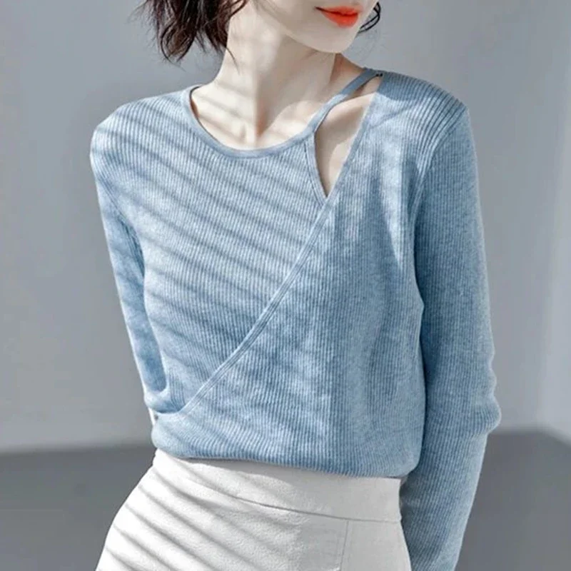 Autumn New Women's Clothing Round Neck Long-sleeved Hollow Long-sleeved Sweater Fashion Solid Color Slim-fitting Knitwear Blouse