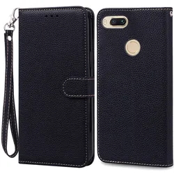 Leather Wallet Flip Case - Elegant Protective Cover with Bumper Coque and Storage Pockets for Mi 5X - Mi A1 (Black -Strap)