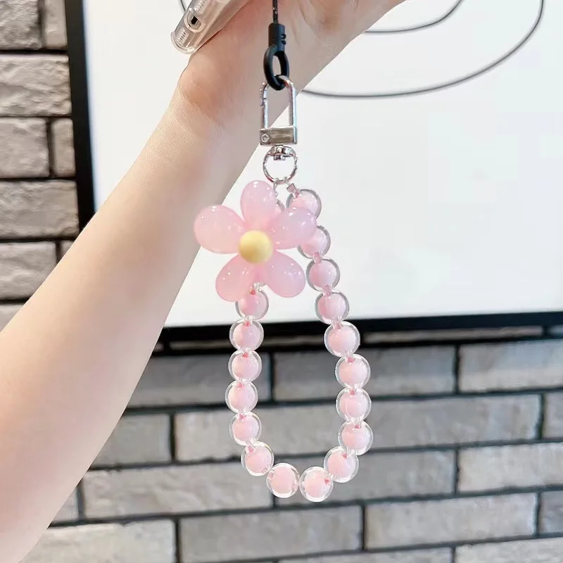 Sweet Flower Beaded Phone Chain Lanyard for Women Fashion Colorful Butterfly Cellphone Case Wrist Band Jewelry Accessories phone chain accessories