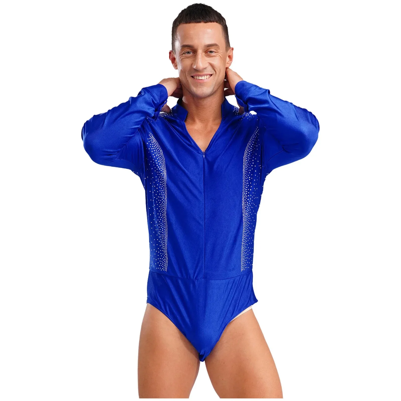 Mens Gymnastics Figure Skating Latin Dance Bodysuit Tango Performance Costume V-neck Long Sleeve Sparkling Rhinestones Leotard