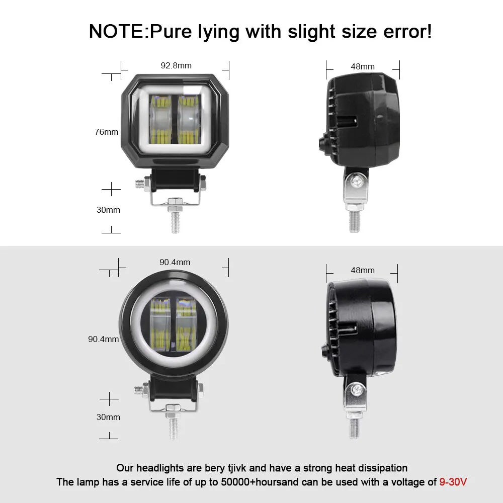 3 Inch 7D Lens LED Work Light Bar Square Car Headlight Halo For Motorcycle Jeeps ATV SUV 12V 24V Angel Eyes Driving Lights