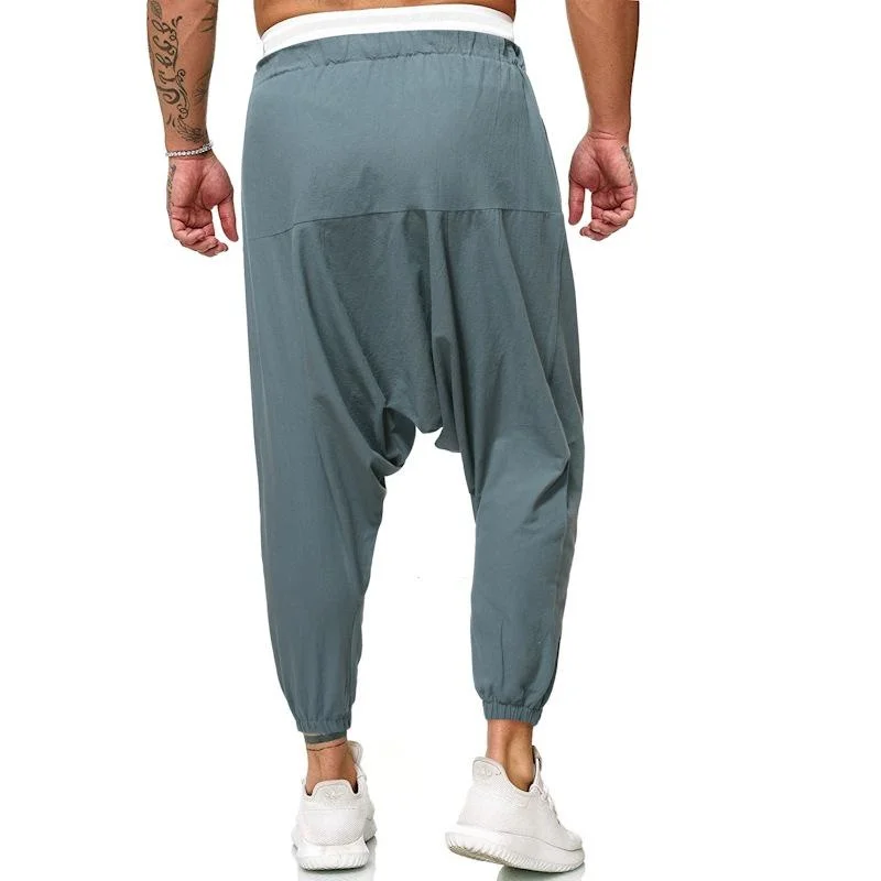 Men Cotton Linen Harem Pants Elastic Waist Streetwear Joggers Baggy Drop-crotch