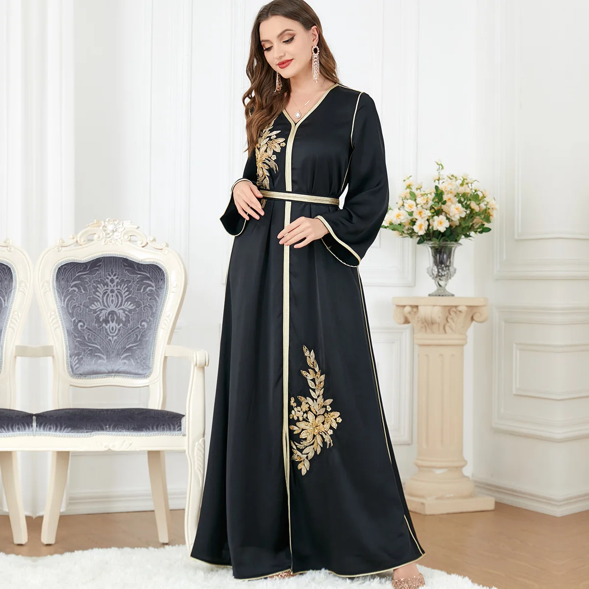 Beading Kaftan Arabic Long Muslim Dress Embroidery Evening Party Dresses Gulf Jalabiya Ramadan Turkey Satin Abaya Black African