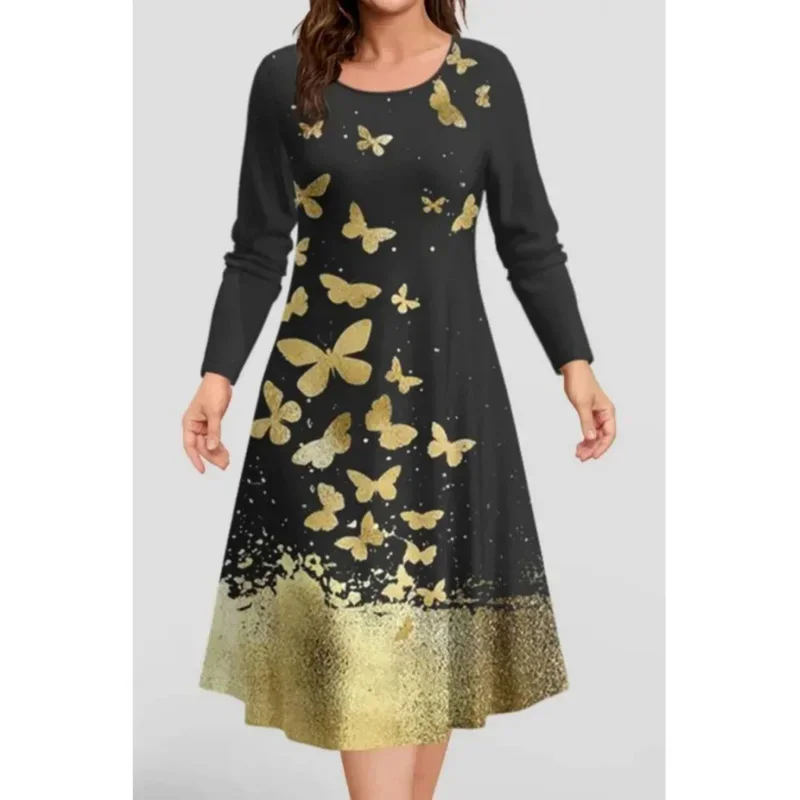 

Lksk new womens autumn and winter dresses gradient printing WOMEN'S long-sleepked tops loose A-line elegant casual ladies dresse