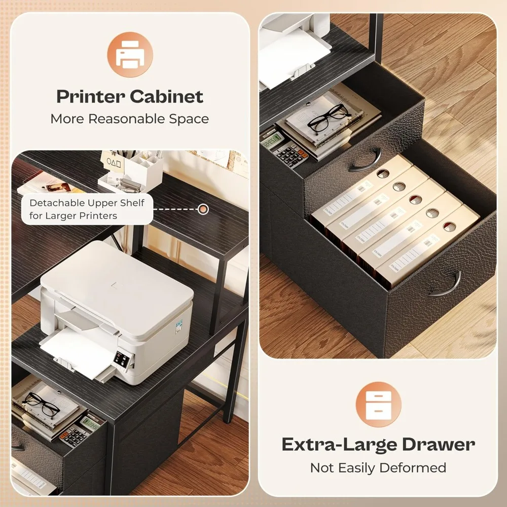 L-Shaped Gaming Desk with LED Lights, Power Outlets, Drawers & Printer Stand - Black