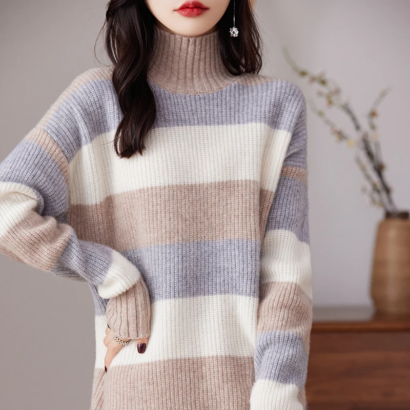 

High Collar 100% Pure Wool Knitted Long Sweater Women's 23 Autumn/Winter Long Sleeve New Korean Design Feel Cashmere Pullover