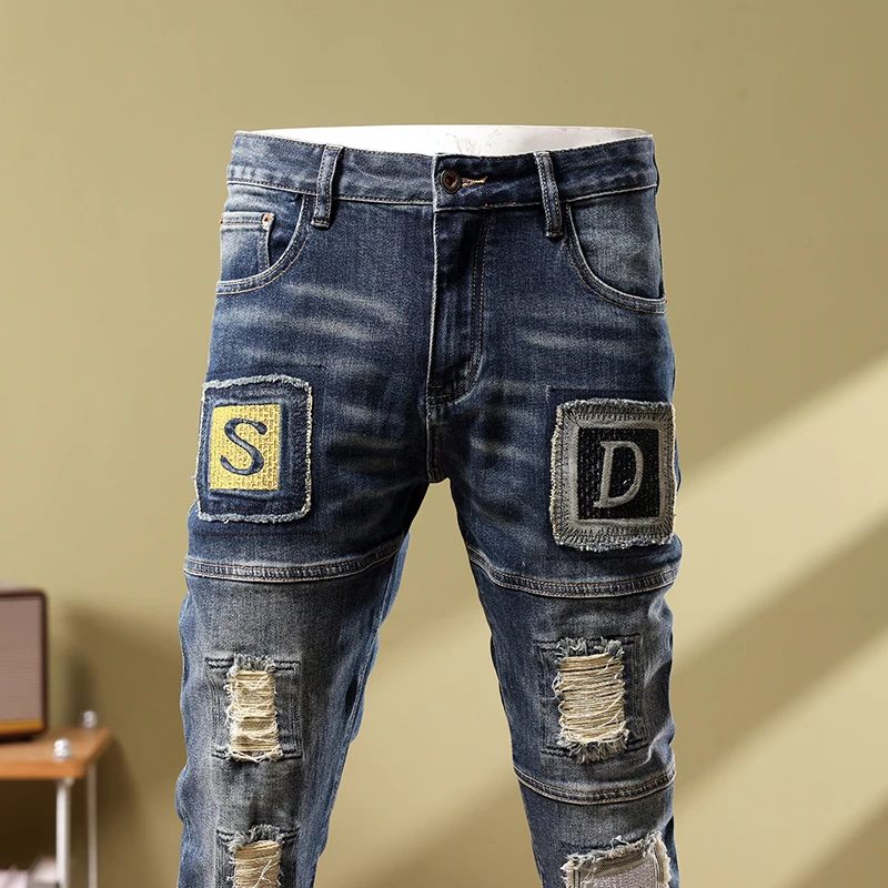 Vintage washed blue stretchy slim fit ripped jeans High Street fashion men's jeans patch designer personality hip hop Hombre