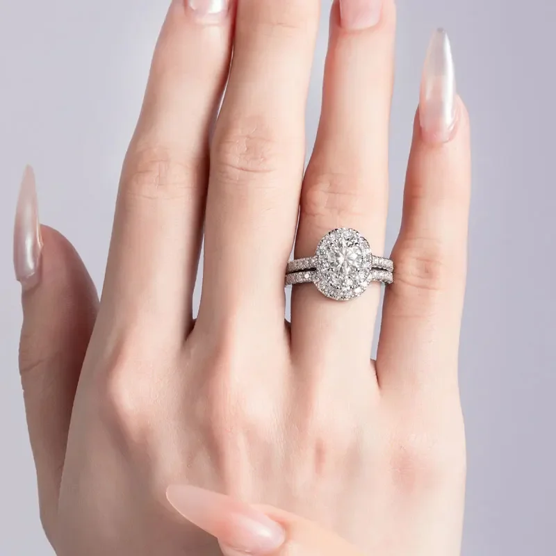 Total 2ctw Moissanite Wedding Rings Set For Women Solid 925 Silver Halo Engagement Ring Round VVS1 D Color GRA Certificate