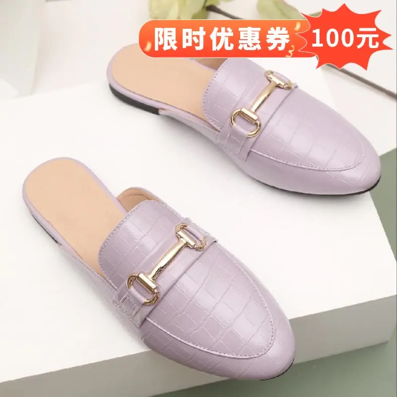 

Shoes Slippers Flat Loafers Cover Toe Rivet Slides Big Size Low Summer Fabric Metal Decoration Rubber PU Hoof Heels Shoes Woman