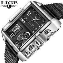 

LIGE Original Watch for Men Top Brand Waterproof Sports Chronograph Square New Fashion Luxury Silicone Quartz Wristwatches + Box