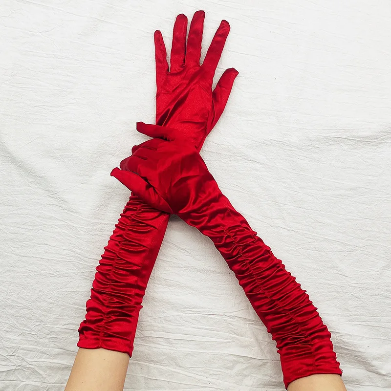 Long Satin Wave Pattern Micro Reflective Light Wedding Party Noble Style Women Gloves Lady Slender COS Graduation Mittens Nv5