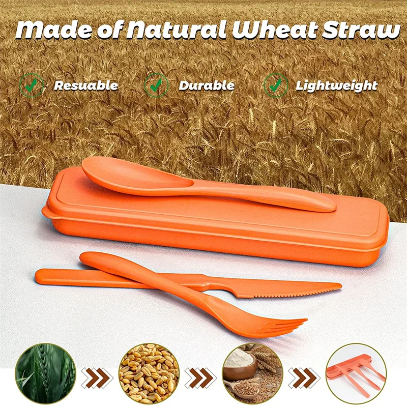 Reusable Travel Cutlery Set Wheat Straw Case Box