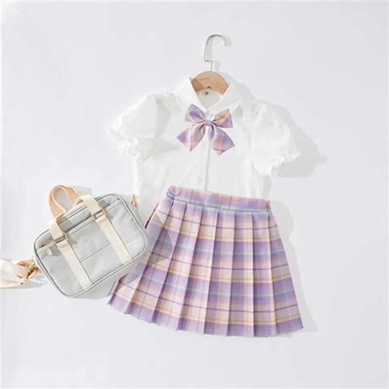 

Girls' JK Sets 2023 Summer Fresh Children's Two Pieces Short Puff Sleeve Shirts Top Plaid Skirt Bow Tie Preppy Style 5-12 Yrs