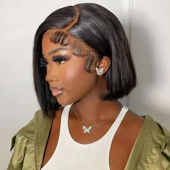 Parrucca Bob in Capelli Umani 13x4 Frontal Lace Lisci Corti, Parrucca Nera Senza Colla Pre-Rifinita con Frontale in Pizzo HD per Donne