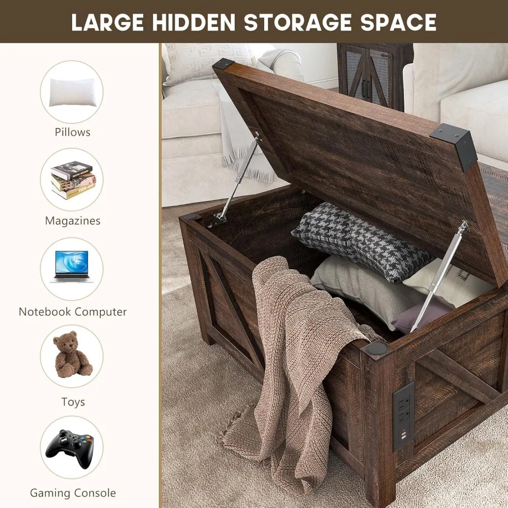 Farmhouse Lift Top Coffee Table with Storage,Wood Square Center Table with Charging Station&USB Ports, Living Room Central Table 3