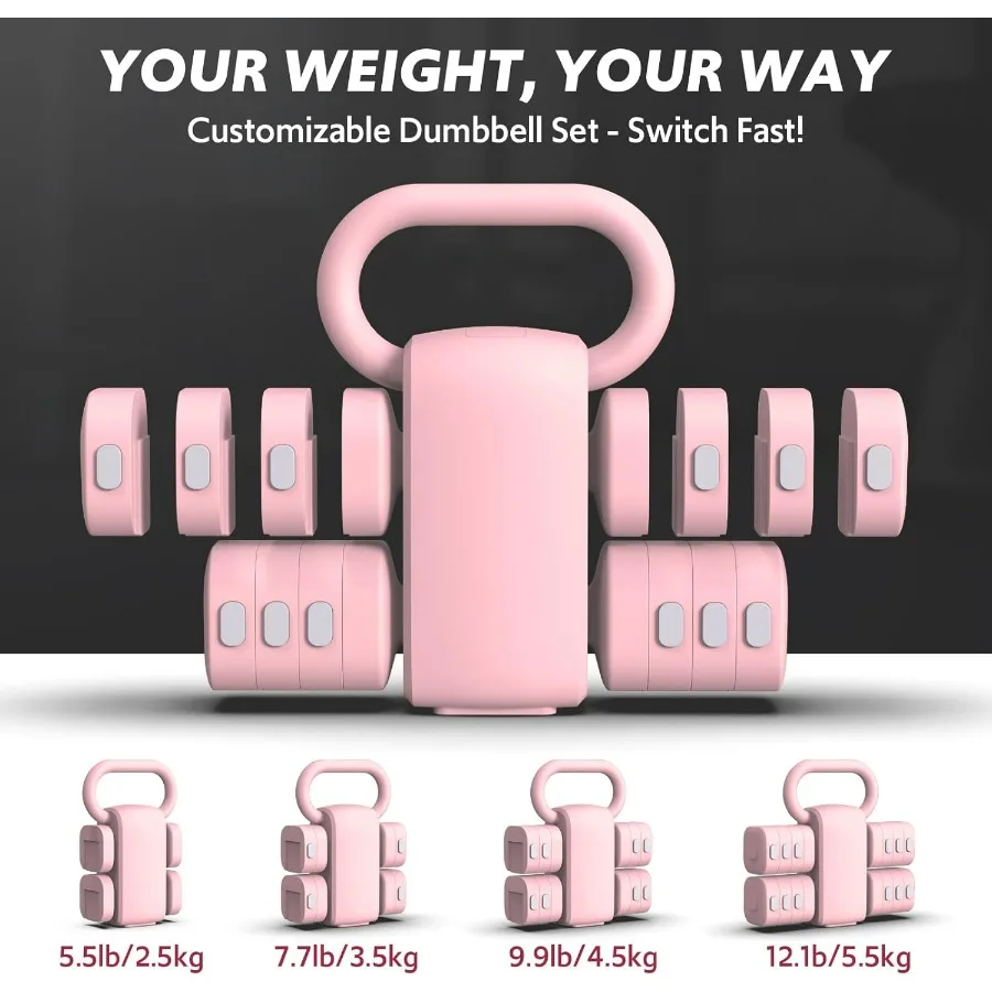 Adjustable Dumbbell Set of 2, 4 in 1 Free Weights Dumbbells Set for Women with Fast Adjustment, Each 2lb 3lb 4lb 5lb Hand Weight