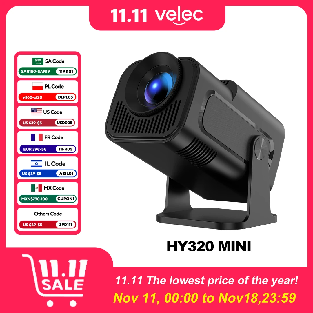 Velec HY320 Mini Projector Native 720P Android 11 4K 300ANSI Wifi6 BT5.0 Home Outdoor 180&deg; Rotable