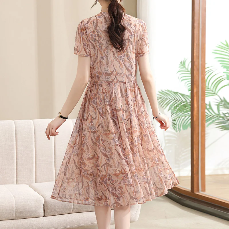 Elegant V-Neck Printed Spliced Folds Floral Dress Women's Clothing 2024 Summer New Loose Office Lady Short Sleeve Dresses