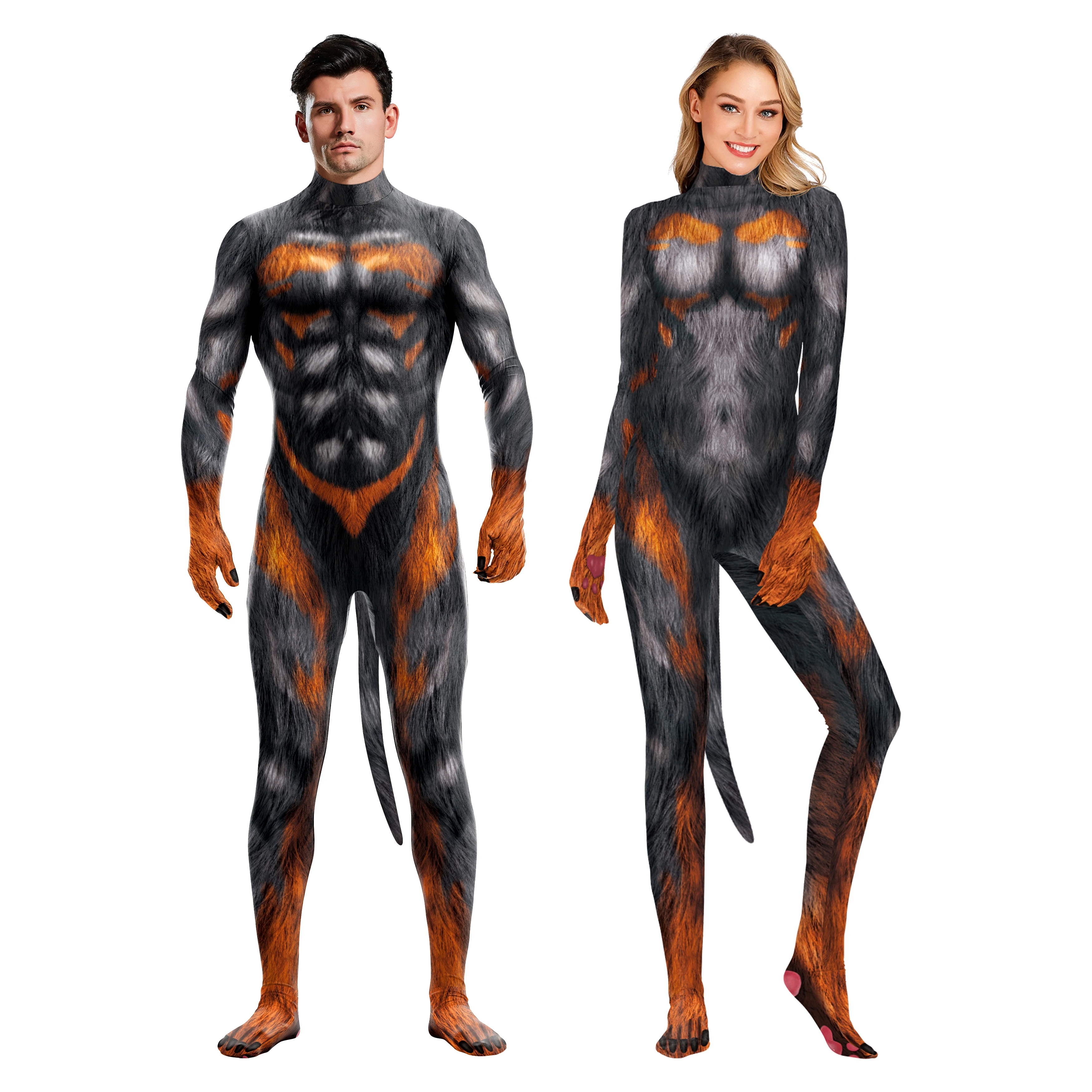 Men's Halloween Costume Elastic Carnival Party Fitness animal full bodysuit with tail Women's Whole costumes Zentai suit adult cosplay costume,adult unitard
