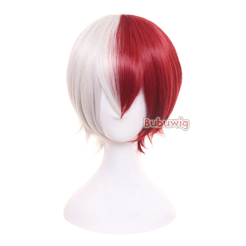 Bubuwig Synthetic Hair Anime Shoto Todoroki Cosplay Wig 30cm Short White Mix Red BNHA MHA Wigs Heat Resistant