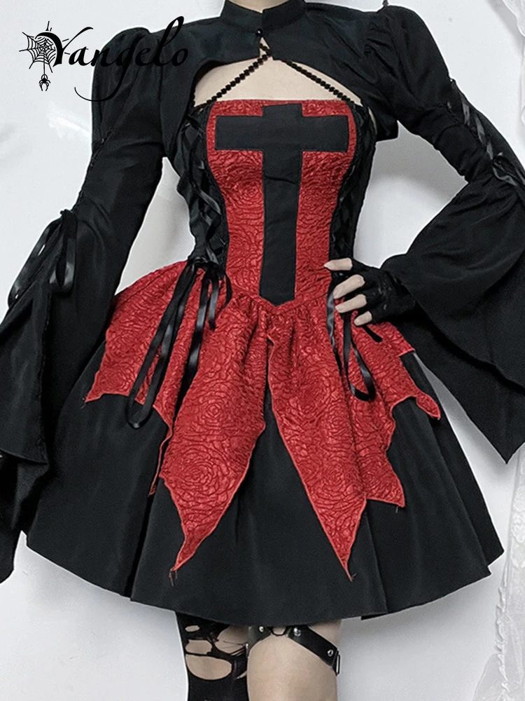 

Yangelo Halloween Elegant Aesthetic Irregular Skirt Sling Dress Gothic Fall Winter Stitching Fluffy Skirt Club Lolita Dress