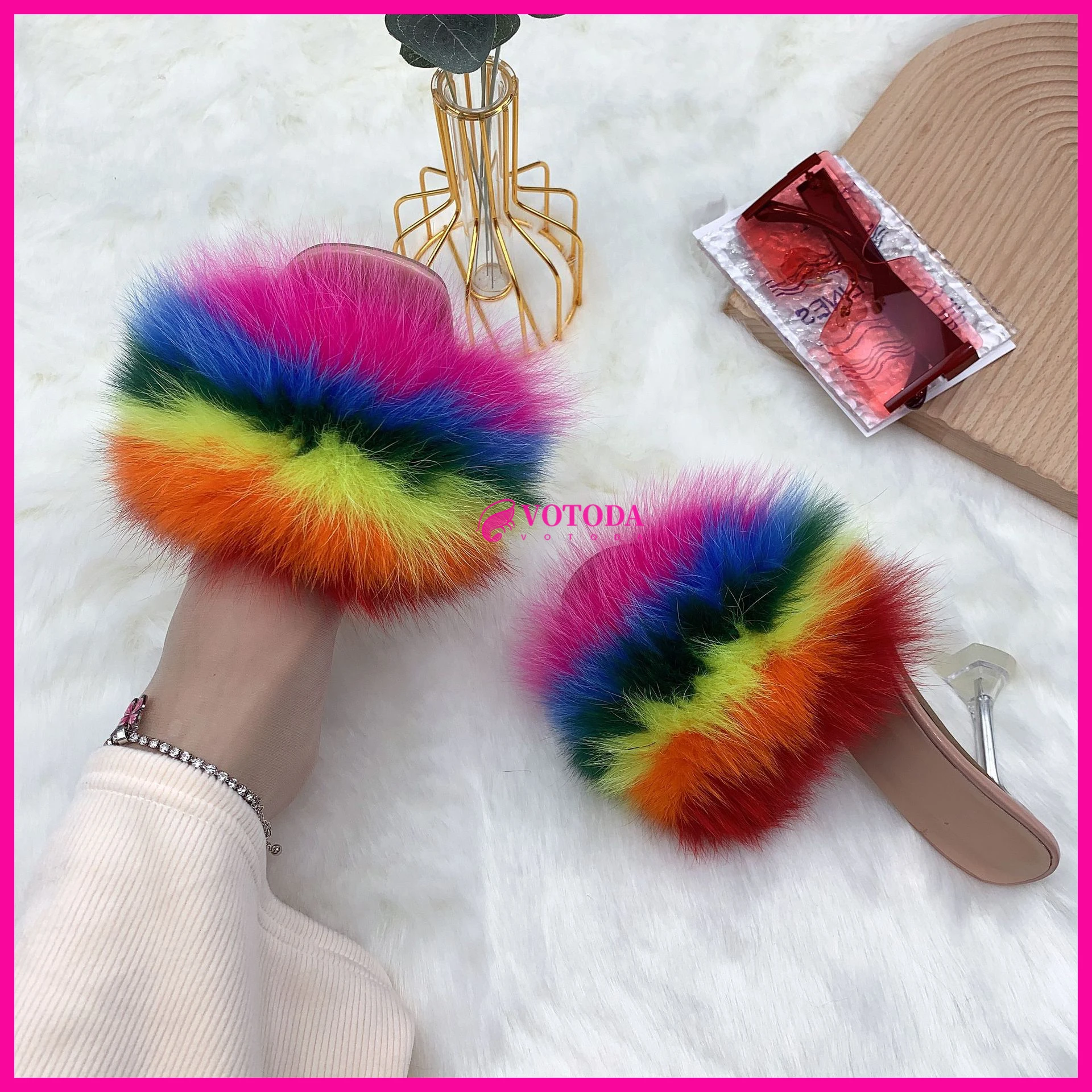 

2023 Summer Transparent High Thin Heels Sandals Women Fur Slippers Open Toe Slip-On Shoes Sexy Ladies Pumps Fluffy Furry Slides