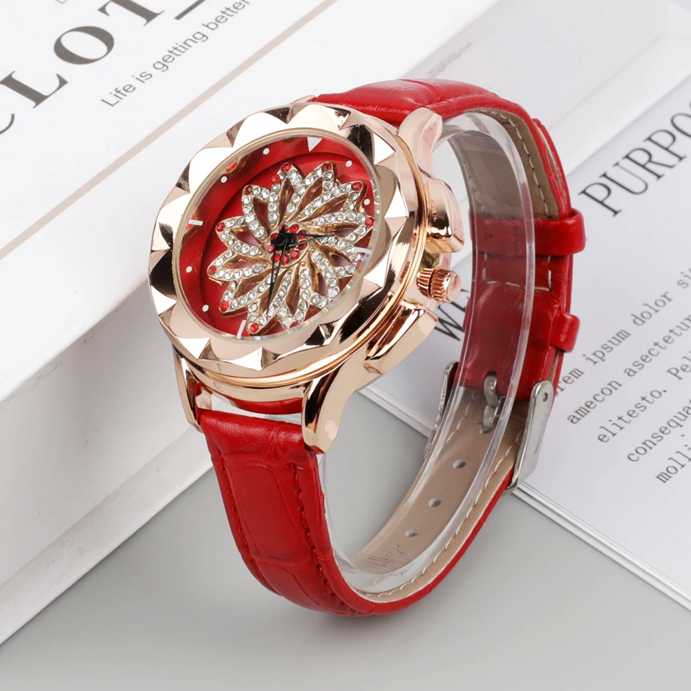 

Fashion Personality Romantic Starry Sky Women Watches Ladies Rhinestone Flower Genuine Leather Belt Quartz Watch