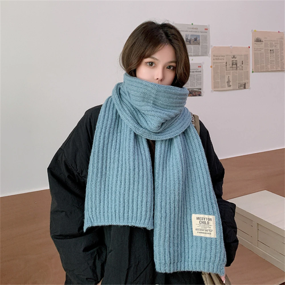 

Winter Solid Color Knitted Scarf for Women Cashmere Thick Scarves with Labeled Fashion Striped Warm Scarf Shawls Wraps Bib