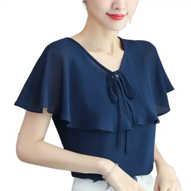 

2023 Summer Chiffon Blouse Women Lace-up ruffled chiffon shirt office lady clothes tops