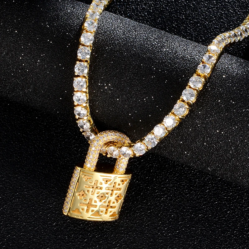 US7 Men Women Hip Hop Lock Pendant Necklace with 4mm Zircon Tennis Chain Iced Out Bling Necklaces HipHop Jewelry Fashion Gift