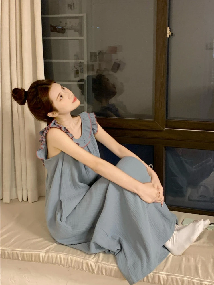 Sleeveless Nightgowns Women Sweet Ruffles Summer Ankle-length Sleepwear Fashion Korean Style Lounge Elegant Princess All-match