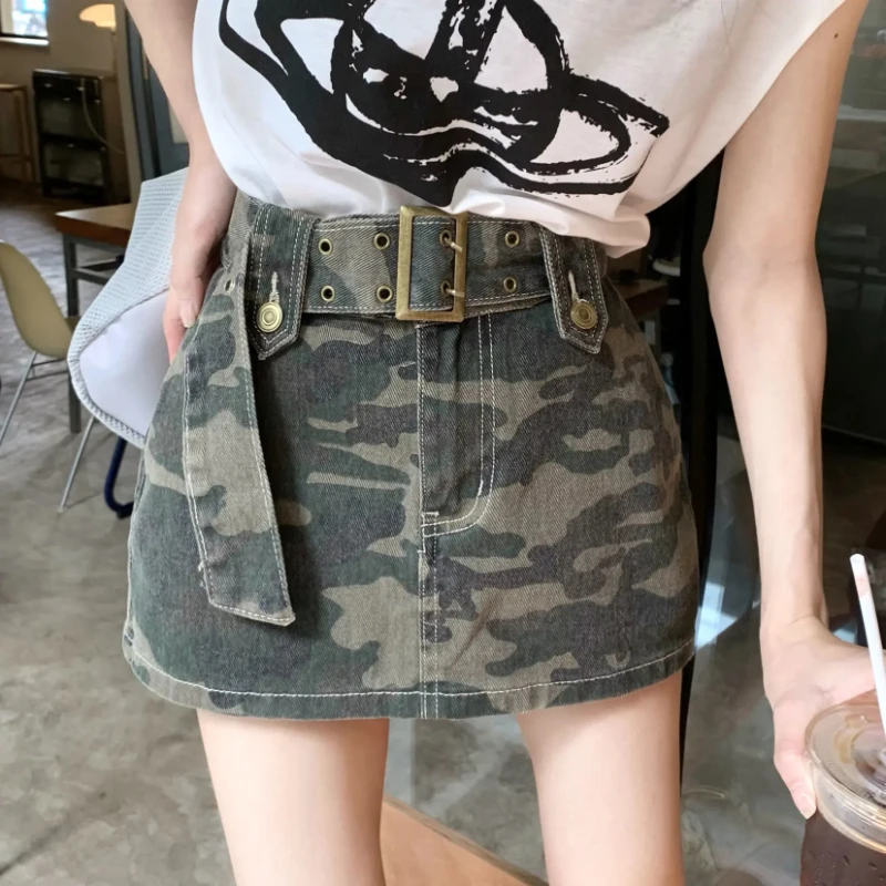 

Camouflage Cargo Mini Denim Skirts Women Multi Pockets Streetwear Personal Cool Teens Youth European Hipsters High Waisted Skirt