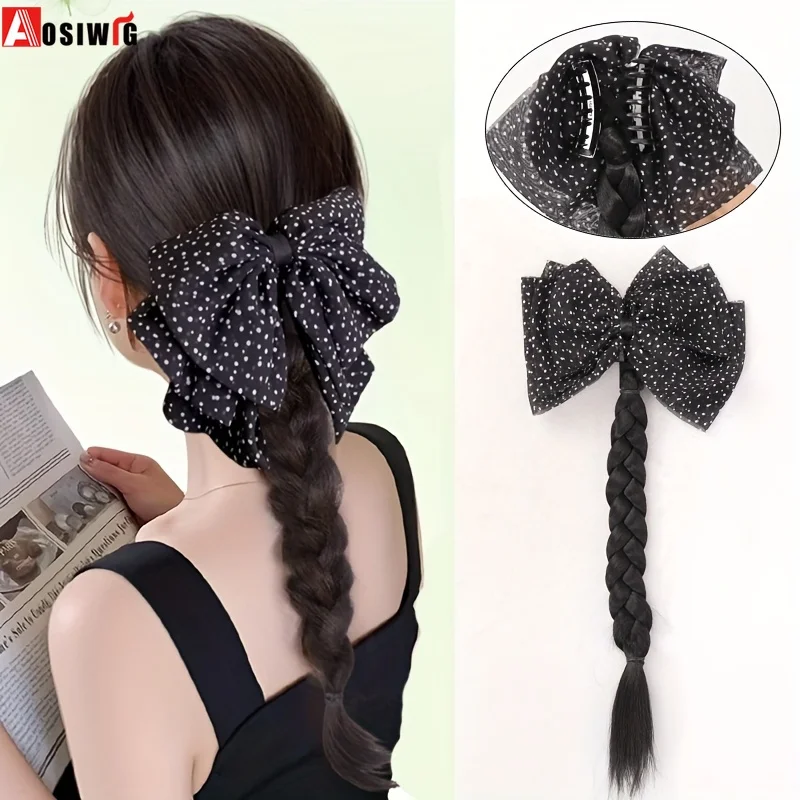 Aosiwig 블랙 헤어 링 클로 클립 소녀를위한 합성 포니 테일 익스텐션 레이..