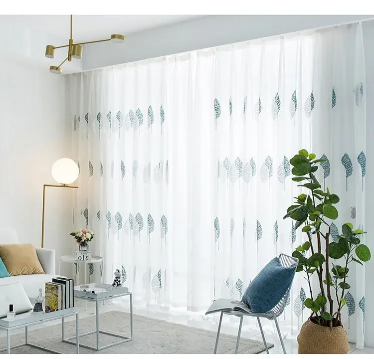 Description Picture 3 of itemEmbroidered Screen Window Screen Blue White Double Tree Gauze  Tulle 1PC Curtains Living Room Bedroom Balcony Bay Window Leaf