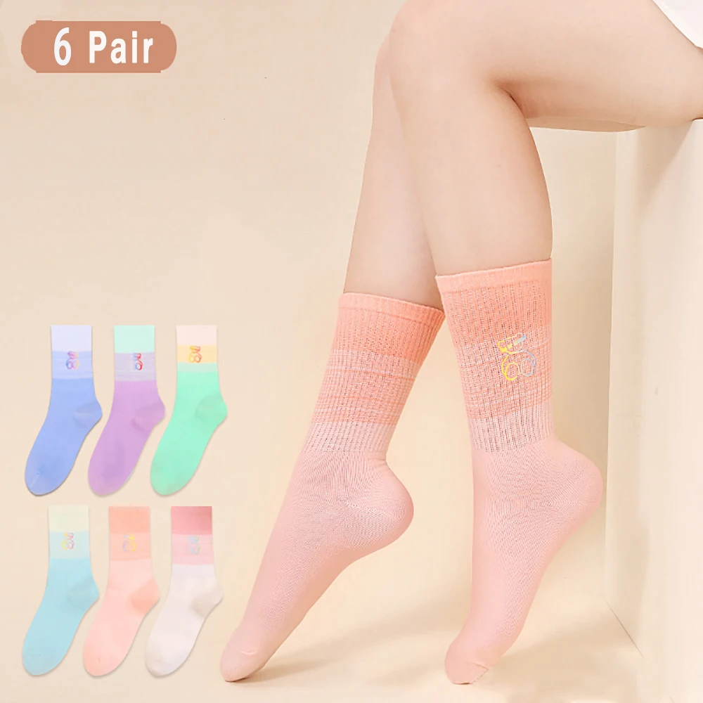 

6 Pairs Women's sport socks mid-barrel gradient color ins street tide pile socks，boots socks，antibacterial socks（US Size：5-9.5）