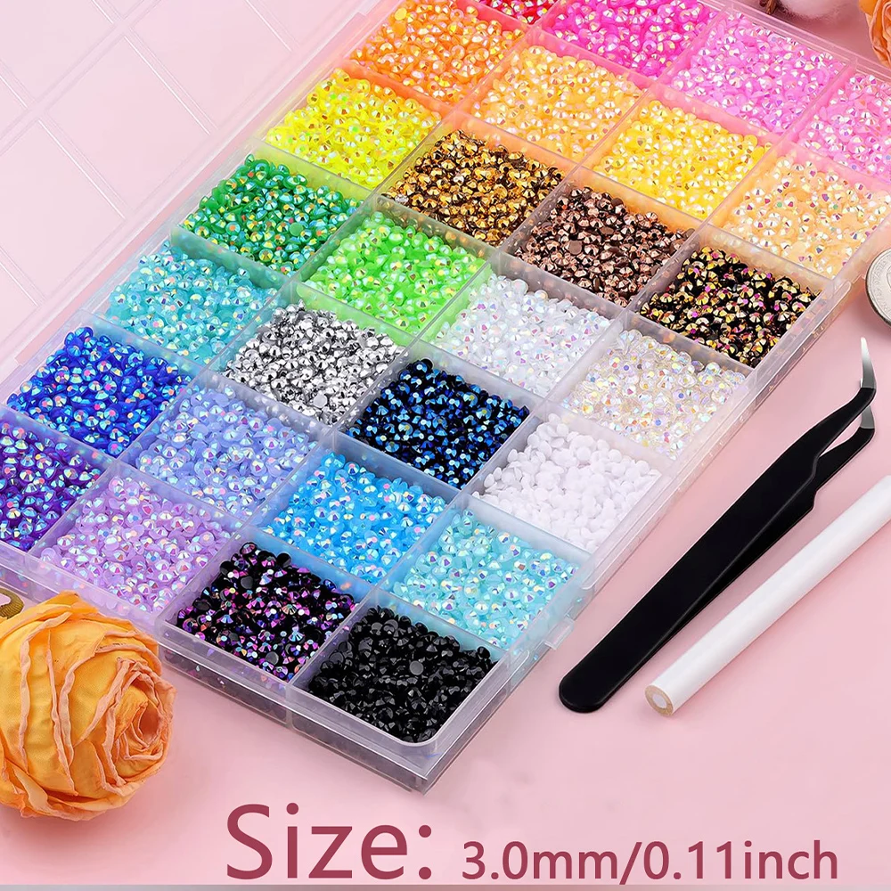 28가지 색상의 레진 라인스톤과 핀셋, 화려한 장, 멀티컬러 3mm 크리스탈, 네일아트, 공예, 메이크업용
