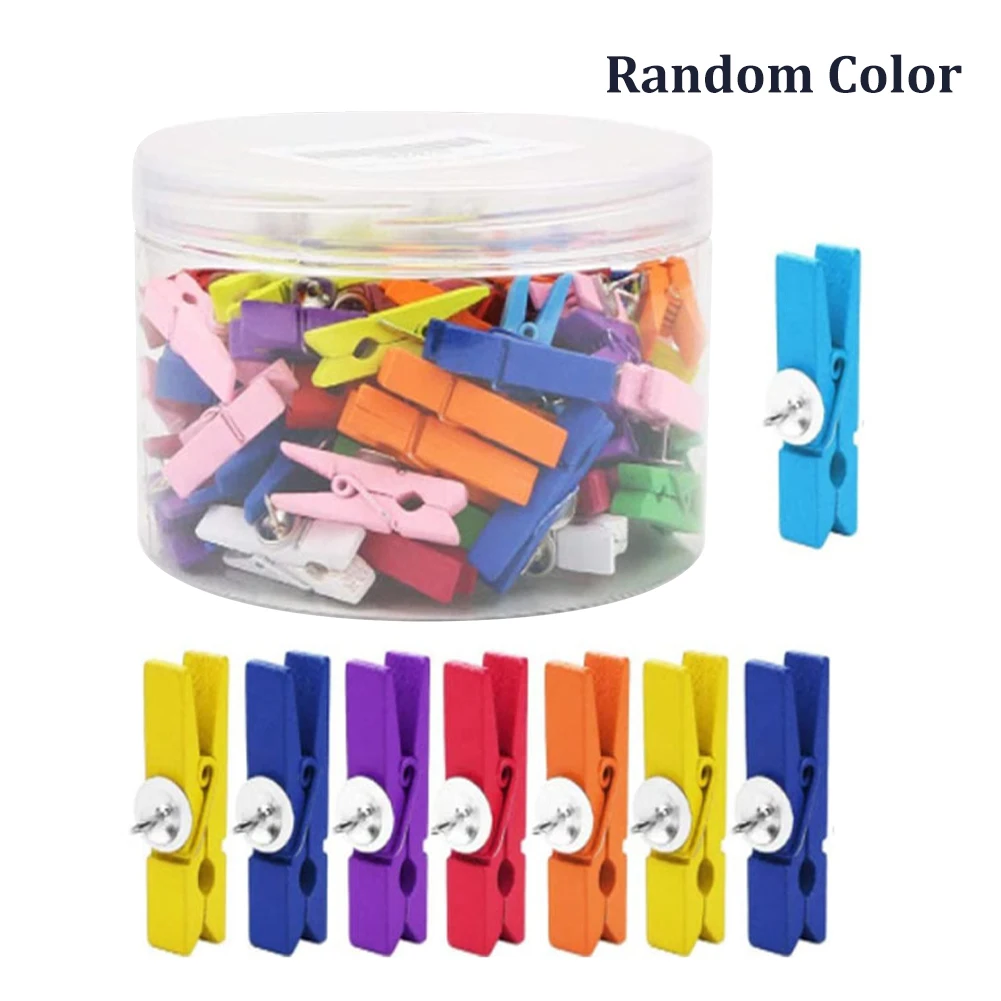 

50pcs/can Random Color For Cork Board Bulletin Photo Classroom With Wooden Clip Push Pin Stationery Home Office Craft Reusable