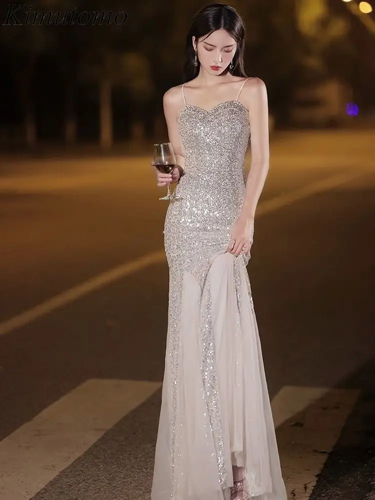 

Kimutomo Mesh Ruffles Sequined Shiny Dress for Women Sleeveless Celebrity Style Hip Luxury Evening Dresses V Neck Sexy Vestidos